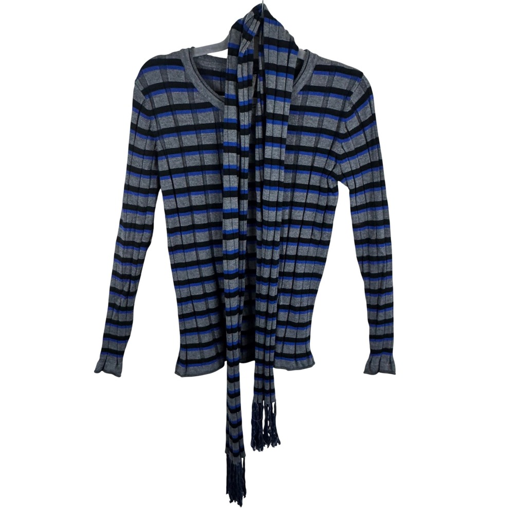 VEX Collection Womens Ribbed Striped Sweater & Scarf Grey Blue Black Medium
